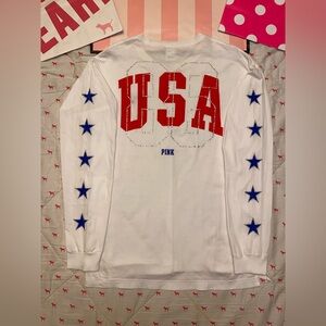 VS PINK LIMITED EDITION LONG SLEEVE CAMPUS TEE USA OLYMPICS 86 BLING PUP RARE L